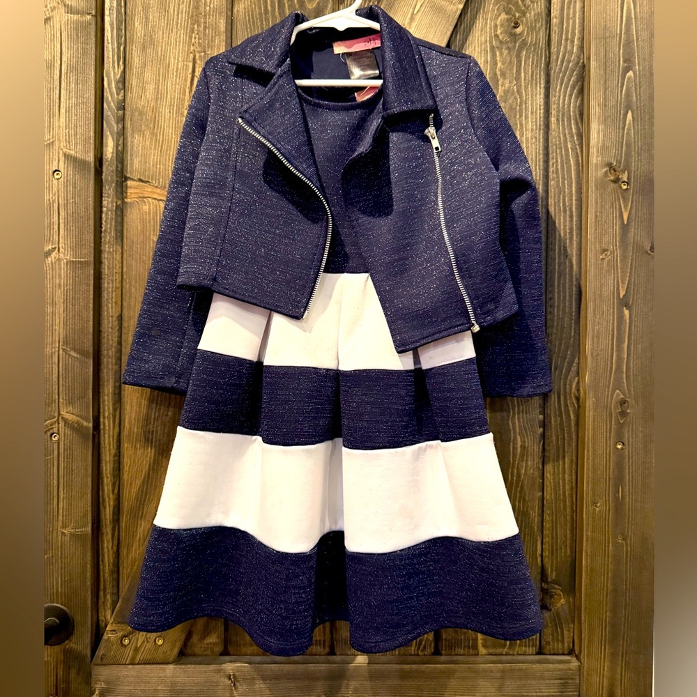 Navy and white dresss with shimmer. Comes with jacket